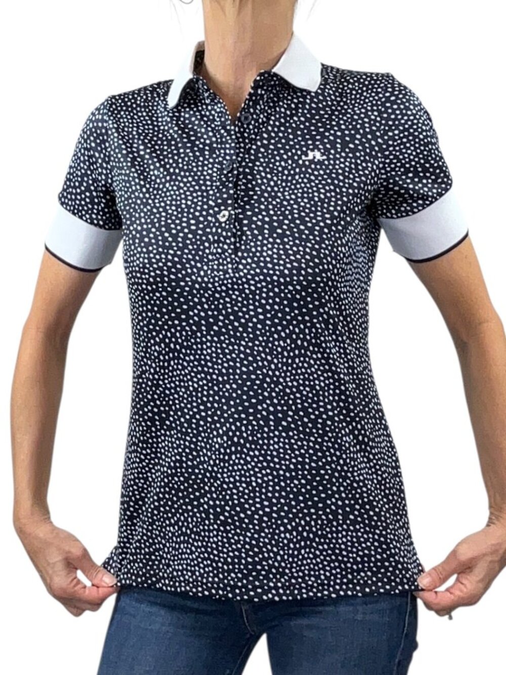 J. Lindeberg Lexie-TX Coolmax Polo Shirt S Blue Polka Dot Golf Tennis - Picture 2 of 16
